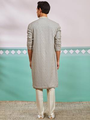 grey chikankari rayon kurta with cream fine satin pyjama | modern festive ethnic set 5