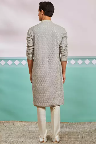 grey chikankari rayon kurta with cream fine satin pyjama | modern festive ethnic set