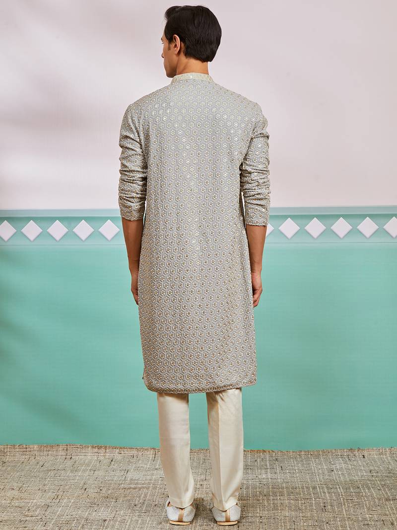 grey chikankari rayon kurta with cream fine satin pyjama | modern festive ethnic set