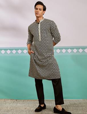 black chikankari embroidered rayon kurta with fine satin pyjama set | festive ethnic wear 1