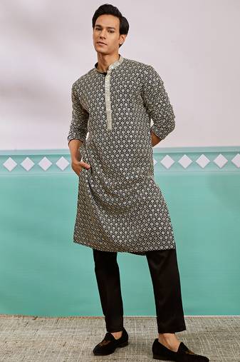 black chikankari embroidered rayon kurta with fine satin pyjama set | festive ethnic wear