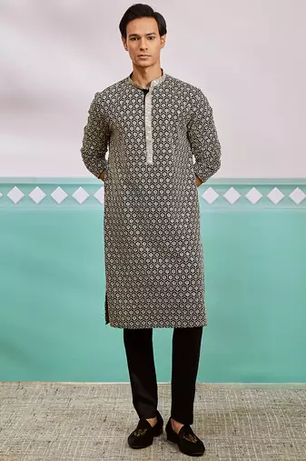 black chikankari embroidered rayon kurta with fine satin pyjama set | festive ethnic wear