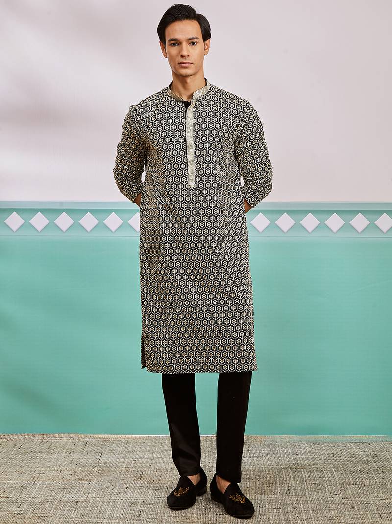 black chikankari embroidered rayon kurta with fine satin pyjama set | festive ethnic wear