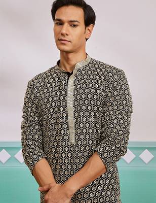 black chikankari embroidered rayon kurta with fine satin pyjama set | festive ethnic wear 3