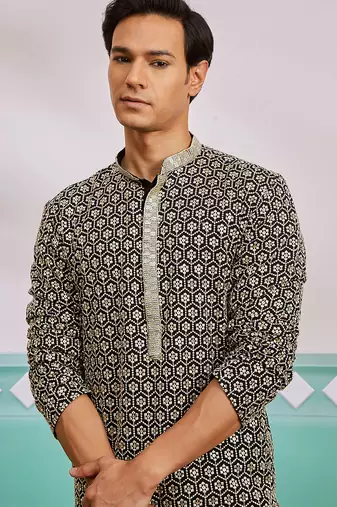 black chikankari embroidered rayon kurta with fine satin pyjama set | festive ethnic wear