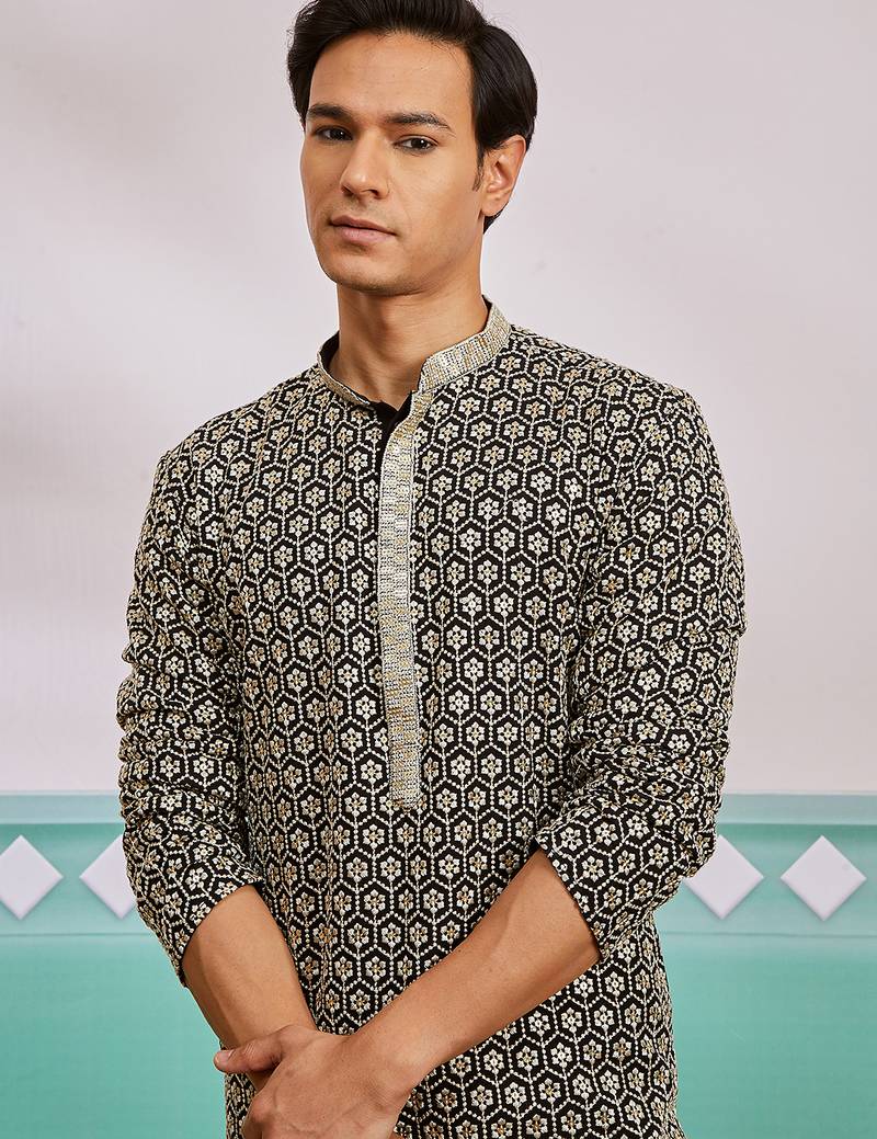 black chikankari embroidered rayon kurta with fine satin pyjama set | festive ethnic wear