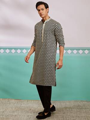 black chikankari embroidered rayon kurta with fine satin pyjama set | festive ethnic wear 4