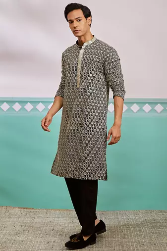 black chikankari embroidered rayon kurta with fine satin pyjama set | festive ethnic wear