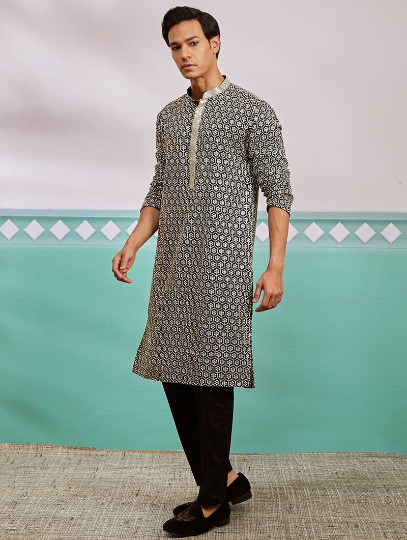 black chikankari embroidered rayon kurta with fine satin pyjama set | festive ethnic wear