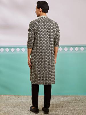 black chikankari embroidered rayon kurta with fine satin pyjama set | festive ethnic wear 5