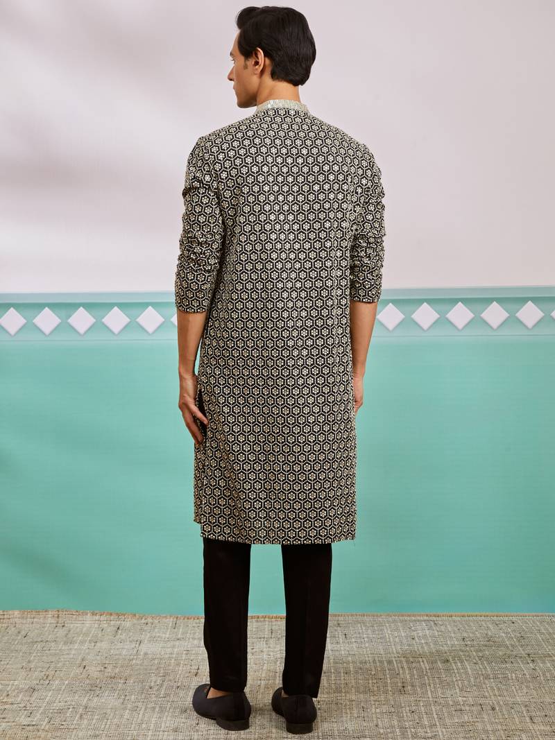 black chikankari embroidered rayon kurta with fine satin pyjama set | festive ethnic wear