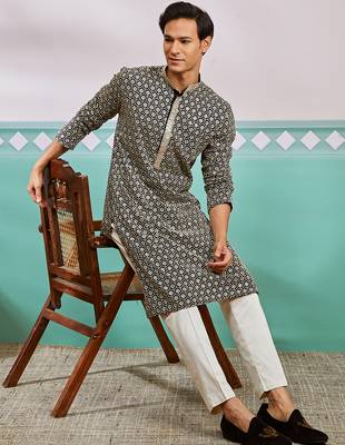black chikankari rayon kurta with cream fine satin pyjama | contrast festive set 1