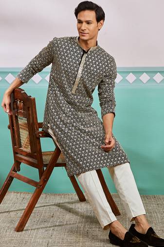 black chikankari rayon kurta with cream fine satin pyjama | contrast festive set