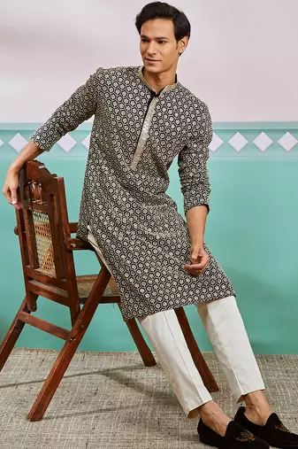 black chikankari rayon kurta with cream fine satin pyjama | contrast festive set