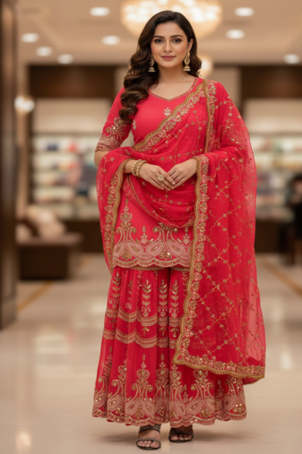 Elegant red embroidered saharara set with net dupatt