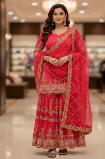 Elegant red embroidered saharara set with net dupatt