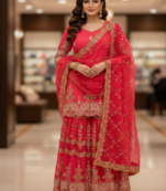 Elegant red embroidered saharara set with net dupatt