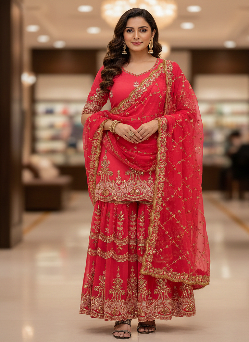 Elegant red embroidered saharara set with net dupatt