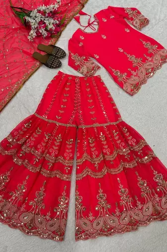 Elegant red embroidered saharara set with net dupatt