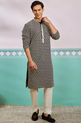 black chikankari rayon kurta with cream fine satin pyjama | contrast festive set