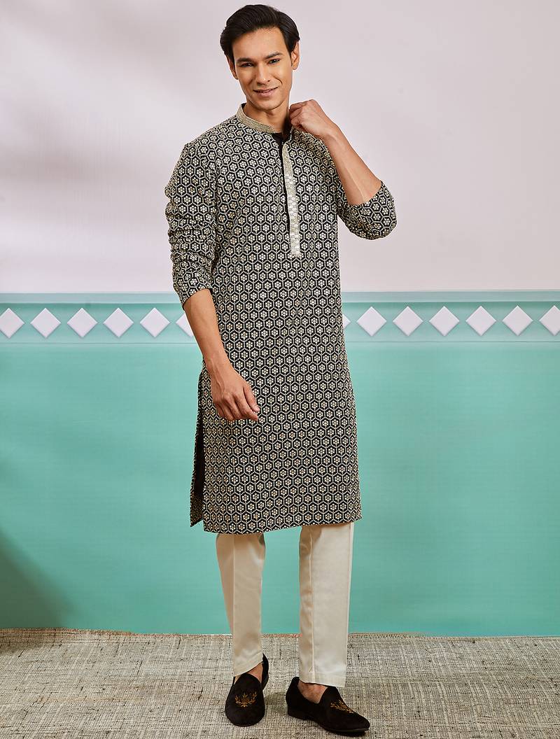 black chikankari rayon kurta with cream fine satin pyjama | contrast festive set