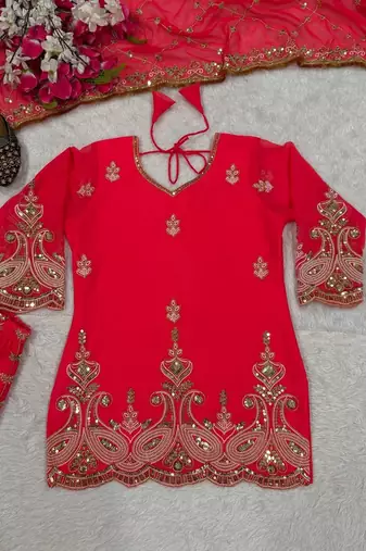 Elegant red embroidered saharara set with net dupatt