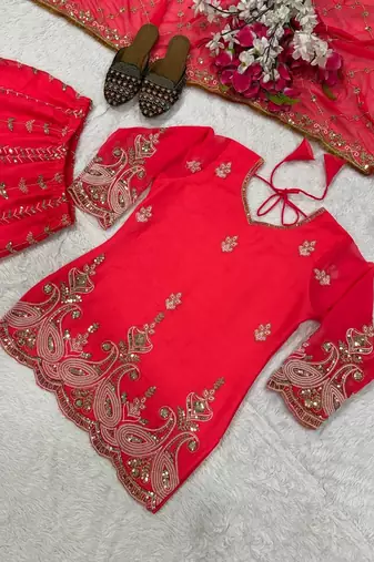 Elegant red embroidered saharara set with net dupatt