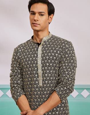 black chikankari rayon kurta with cream fine satin pyjama | contrast festive set 3