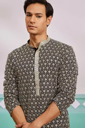 black chikankari rayon kurta with cream fine satin pyjama | contrast festive set