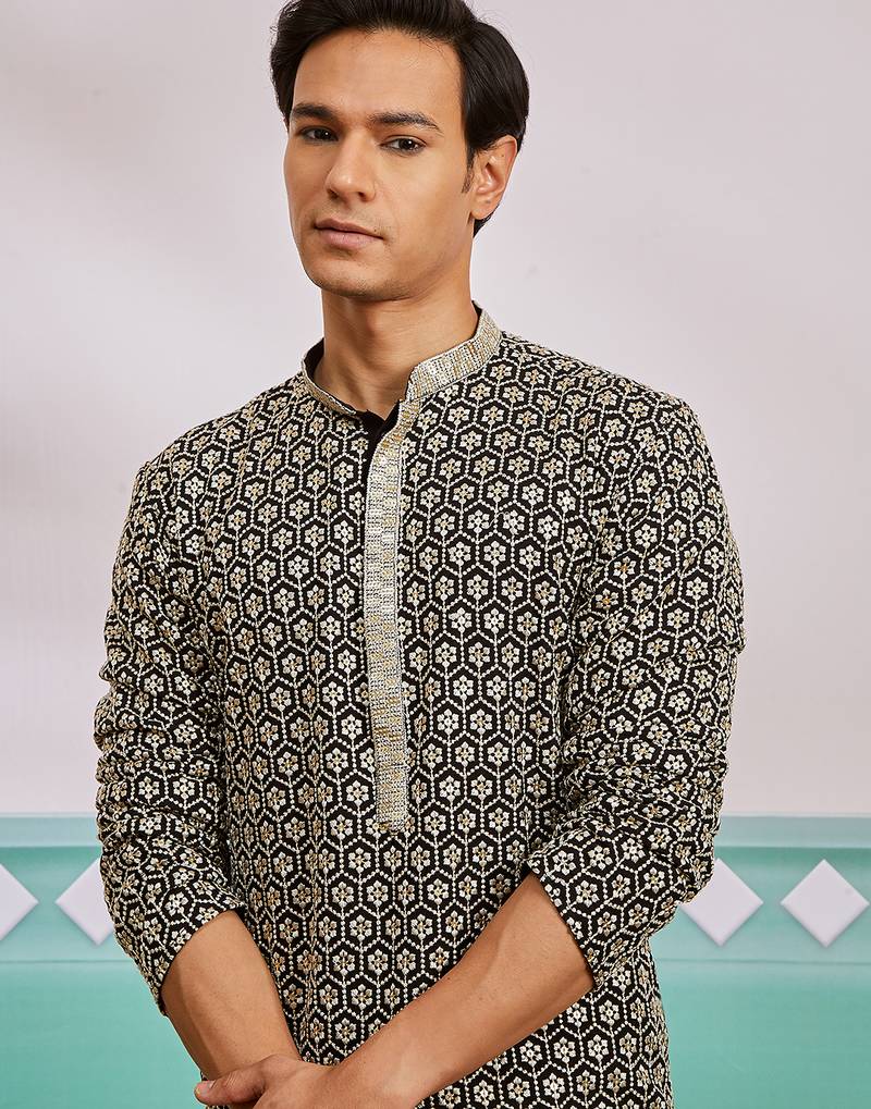 black chikankari rayon kurta with cream fine satin pyjama | contrast festive set