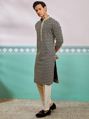 black chikankari rayon kurta with cream fine satin pyjama | contrast festive set 4