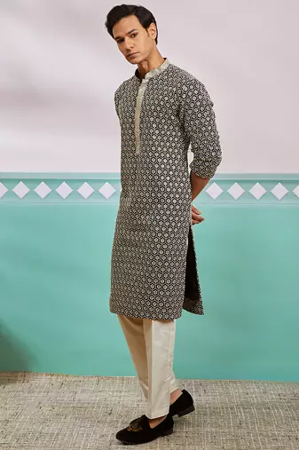 black chikankari rayon kurta with cream fine satin pyjama | contrast festive set