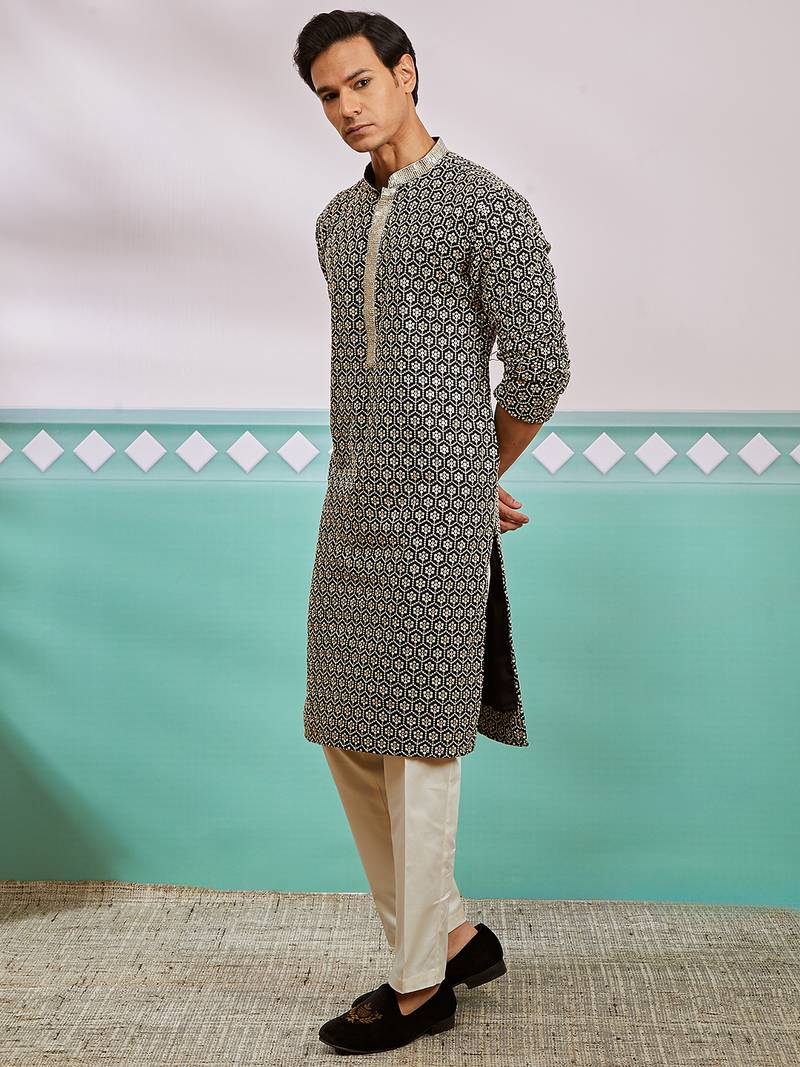 black chikankari rayon kurta with cream fine satin pyjama | contrast festive set