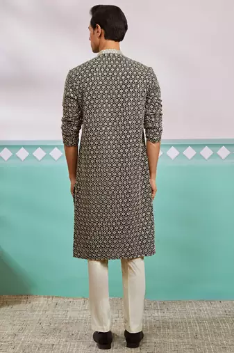 black chikankari rayon kurta with cream fine satin pyjama | contrast festive set