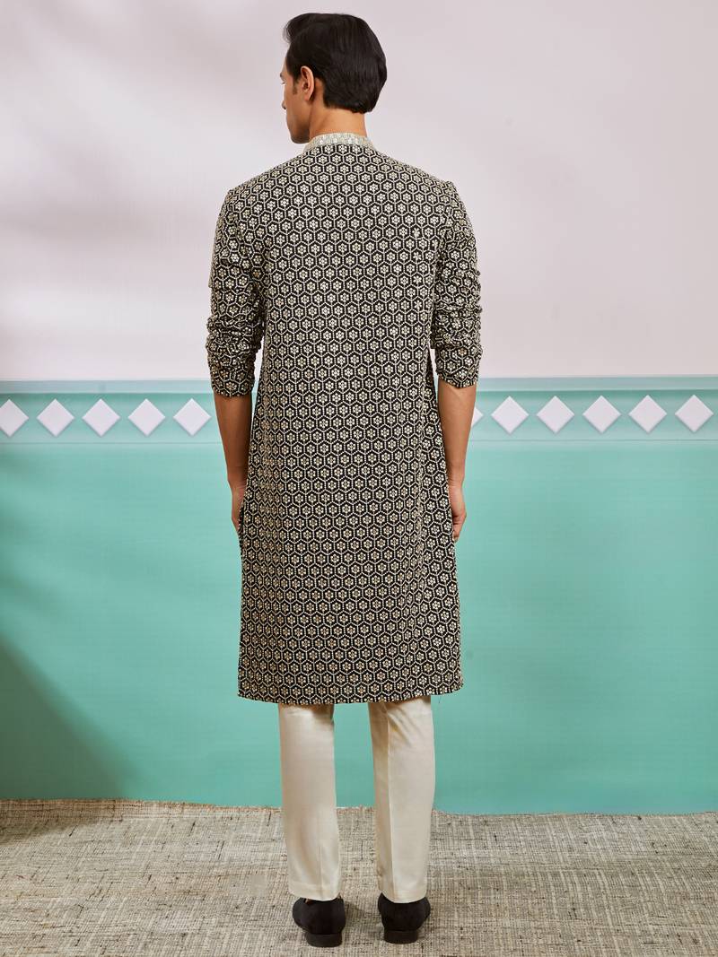 black chikankari rayon kurta with cream fine satin pyjama | contrast festive set