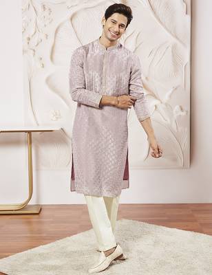 lavender tissue silk zari embroidered kurta with satin pyjama set | 2-piece romantic festive ethnic wear 1