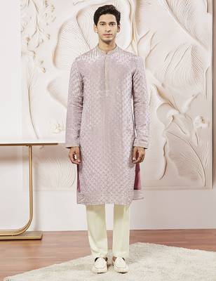 lavender tissue silk zari embroidered kurta with satin pyjama set | 2-piece romantic festive ethnic wear 2