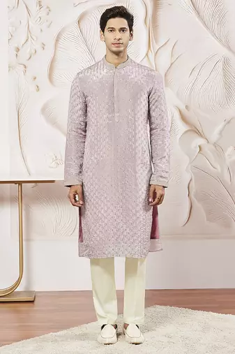 lavender tissue silk zari embroidered kurta with satin pyjama set | 2-piece romantic festive ethnic wear