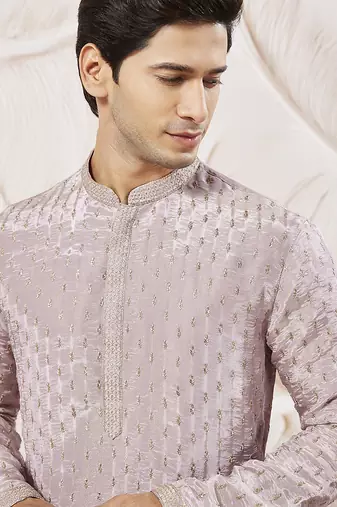 lavender tissue silk zari embroidered kurta with satin pyjama set | 2-piece romantic festive ethnic wear