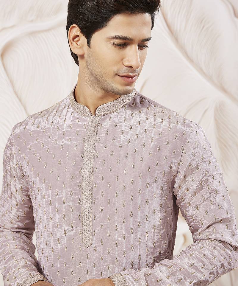 lavender tissue silk zari embroidered kurta with satin pyjama set | 2-piece romantic festive ethnic wear