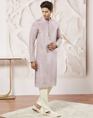 lavender tissue silk zari embroidered kurta with satin pyjama set | 2-piece romantic festive ethnic wear 4