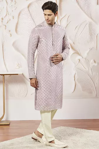lavender tissue silk zari embroidered kurta with satin pyjama set | 2-piece romantic festive ethnic wear