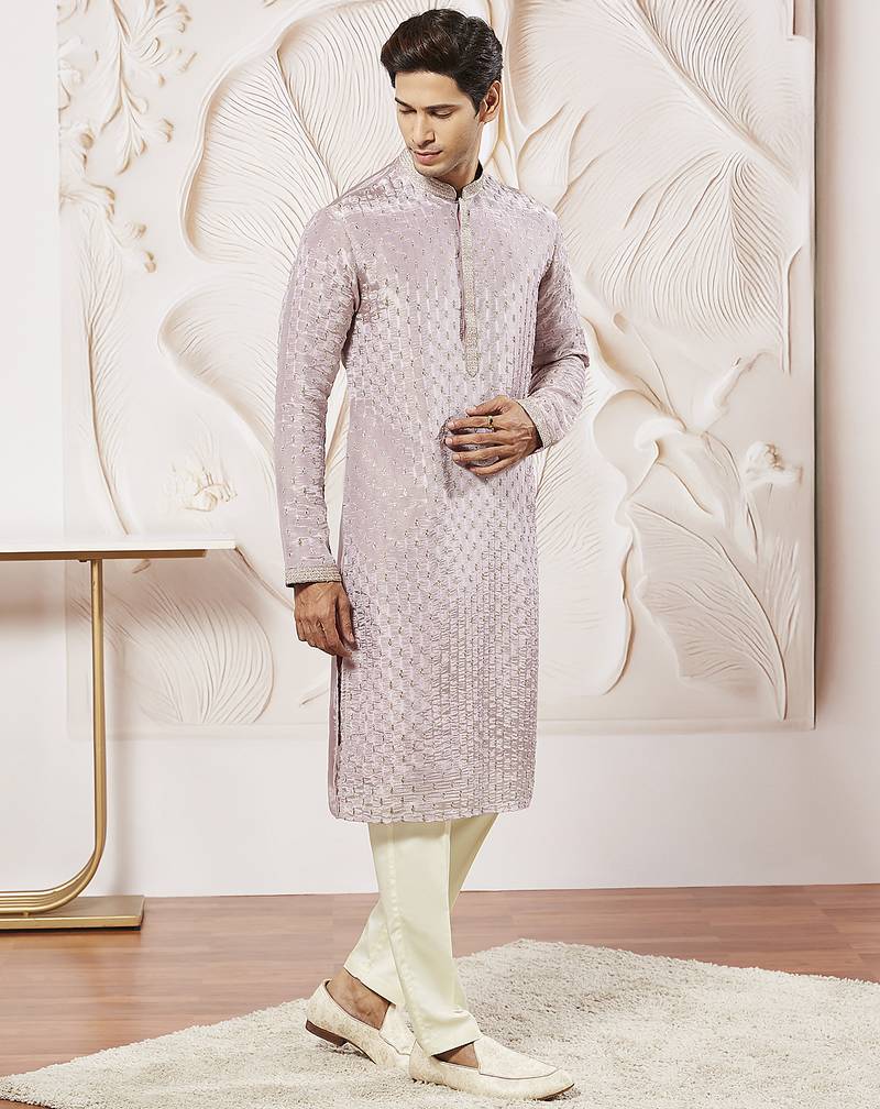 lavender tissue silk zari embroidered kurta with satin pyjama set | 2-piece romantic festive ethnic wear