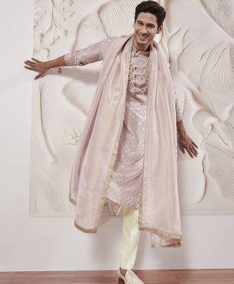 lavender tissue silk zari kurta with satin pyjama and lace dupatta set | 3-piece romantic festive ethnic wear 1