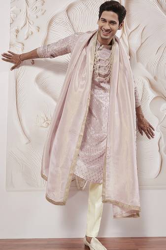 lavender tissue silk zari kurta with satin pyjama and lace dupatta set | 3-piece romantic festive ethnic wear