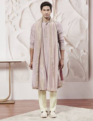 lavender tissue silk zari kurta with satin pyjama and lace dupatta set | 3-piece romantic festive ethnic wear 2