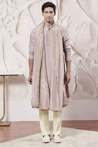 lavender tissue silk zari kurta with satin pyjama and lace dupatta set | 3-piece romantic festive ethnic wear