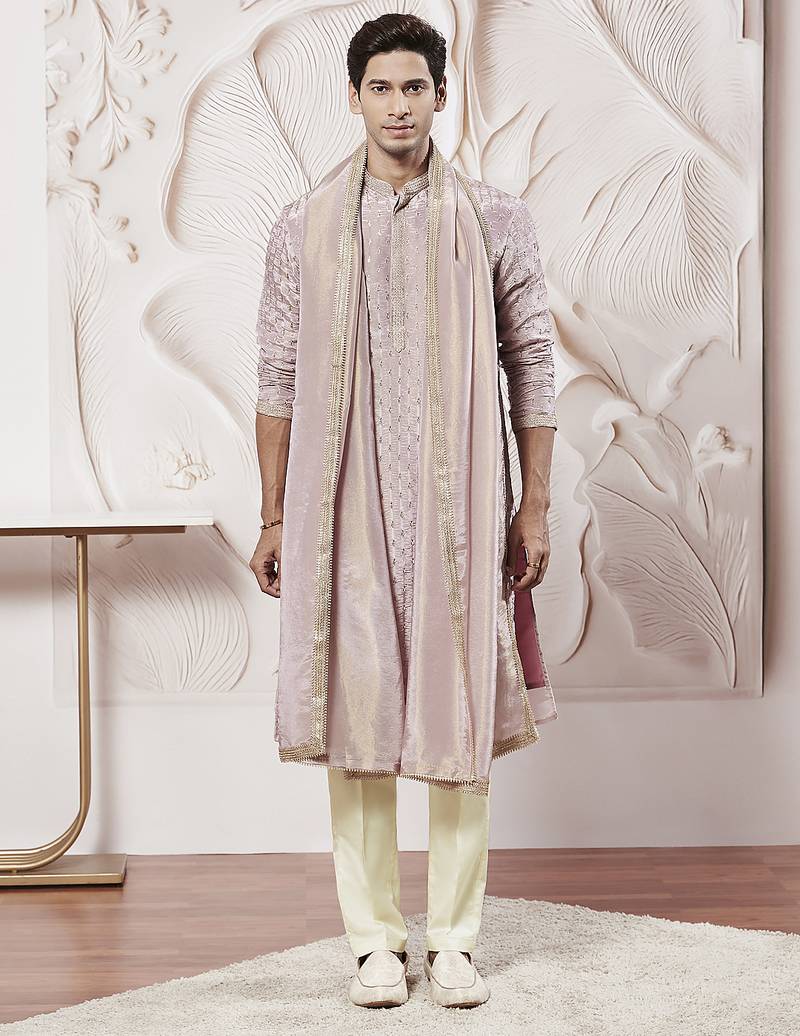 lavender tissue silk zari kurta with satin pyjama and lace dupatta set | 3-piece romantic festive ethnic wear