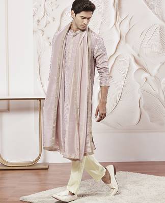 lavender tissue silk zari kurta with satin pyjama and lace dupatta set | 3-piece romantic festive ethnic wear 4