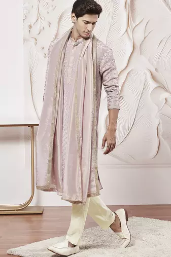 lavender tissue silk zari kurta with satin pyjama and lace dupatta set | 3-piece romantic festive ethnic wear
